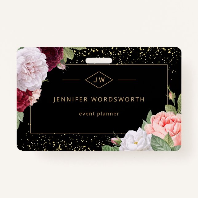 Badge Monogramme professionnel élégant Rose floral noir (Devant)