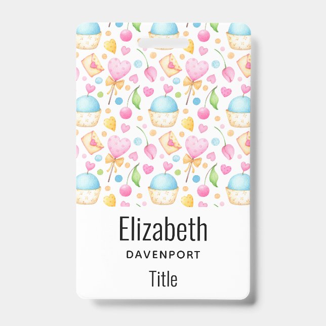 Badge Motif d'aquarelle douce Coeurs et Cupcakes (Front)