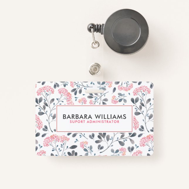 Badge Motif de fleurs rose et gris d'aquarelles (Front with Retractable)