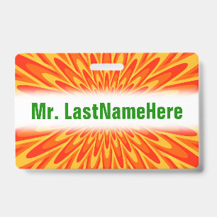 Badge Motif explosif Rouge, Orange, Jaune + Nom personna