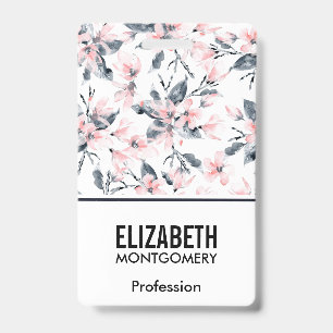 Badge Motif floral aquarelle rose et gris