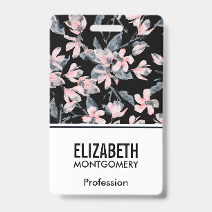 Badge Motif floral aquarelle rose et gris