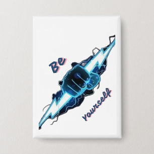 Badge Motivante "Soyez vous-même" Éclair bleu poing serr
