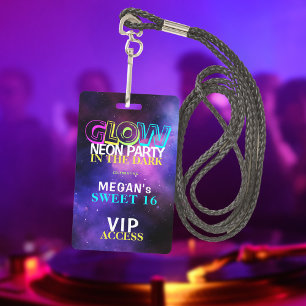 Badge Neon glow VIP access Sweet 16 birthday invitation