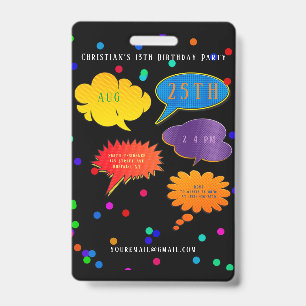 Badge Neon Speech Bubble Boy Girl Birthday Party Invitat