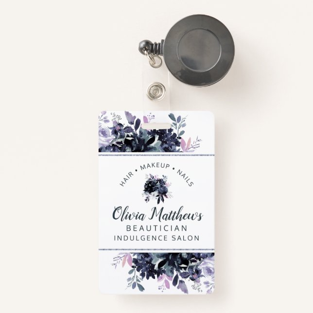 Badge Nocturne Floral Aquarelle Marine Custom Business (Front with Retractable)