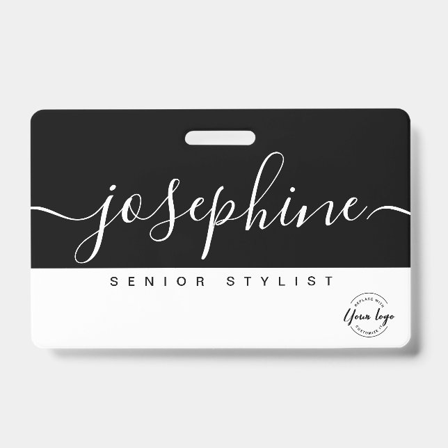 Badge Noir Blanc Joli Nom Écriture Personnalisée (Avant)