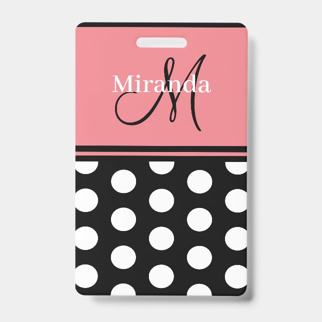 Badge Noir Rose Blanc Points de Polka Monogramme Script (Avant)