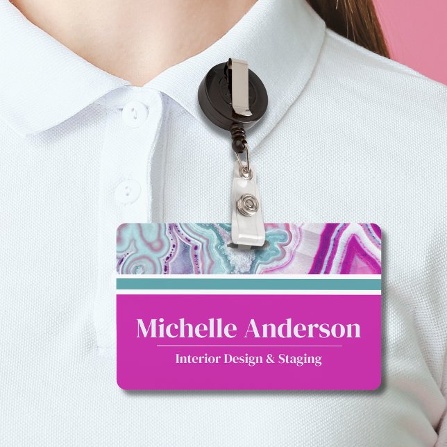 Badge Nom commercial moderne élégant (Cute Monogram Initial Teal Magenta Agate Name Badge)