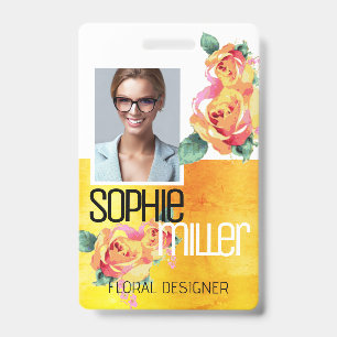 Badge Nom de la photo Modèle Jaune Orange Fleurs Roses