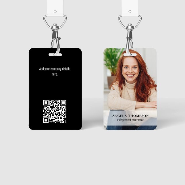 Badge Nom et titre noir de la photo de l'employé Code QR (Simple photo badges with a full bleed photo template.)
