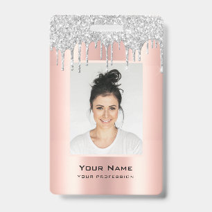 Badge Nom personnalisé en argent rose avec gouttes de pa