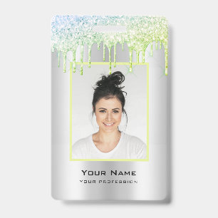 Badge Nom personnalisé en vert et argent avec gouttes de