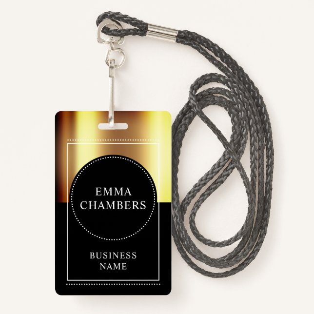 Badge Nom personnalisé Entreprise Metallic Gold Noir Bad (Devant avec lanière)