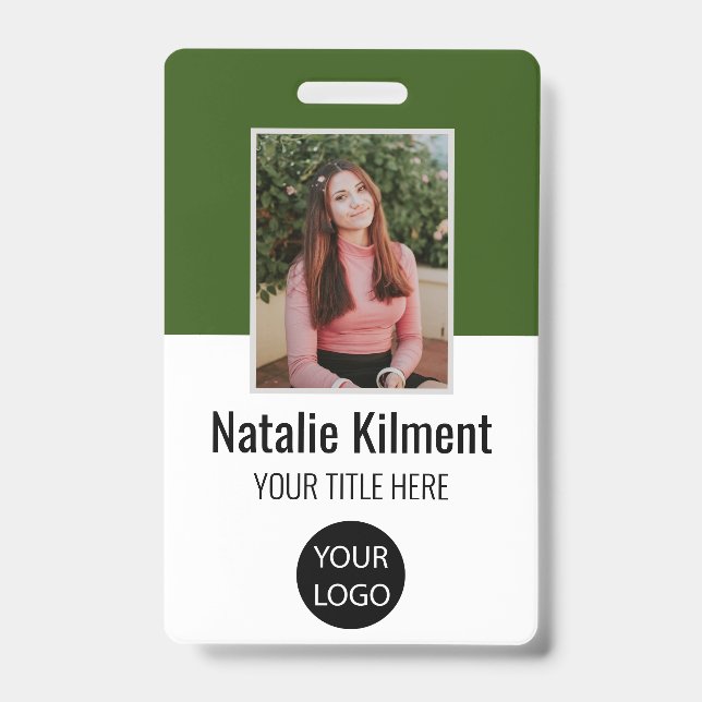 Badge Nom photo de l'employé Logo Code barre Forêt vert (Avant)