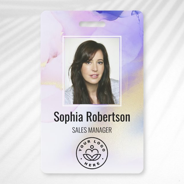 Badge Nom photo personnalisé Violet Aquarelle Employé (Créateur téléchargé)