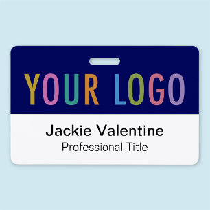 Badge nominatif horizontal en PVC bleu avec logo,