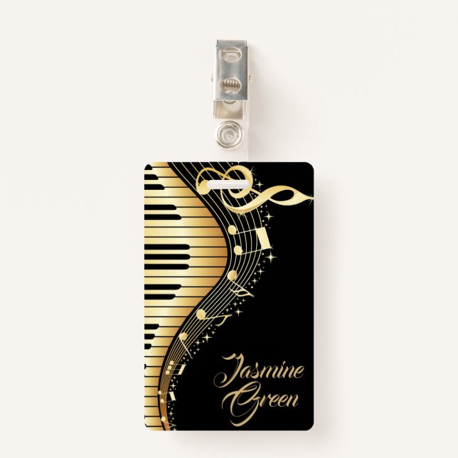 Badge Notes musicales Monogrammes Noir Et Or (Devant avec clip)