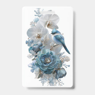Badge Oiseau Bleu Cristal & Fleur de Verre.		