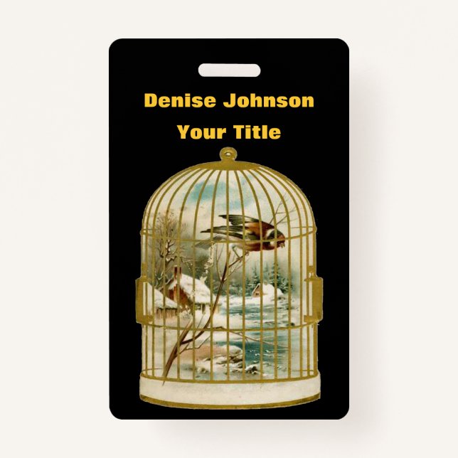 Badge Oiseau d'or avec Cabine d'hiver Scène Oiseau noir (Devant)