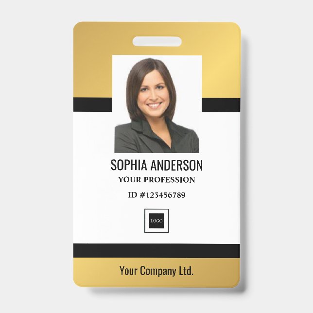 Badge Or | Photo d'employé personnalisé, code-barres, lo (Avant)