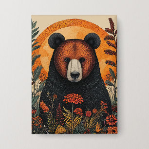 Badge Ours artistique parmi des fleurs botaniques vibran