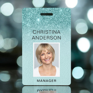 Badge Pailleté Bleu Sarcelle Nom de l'Employé Photo Entr