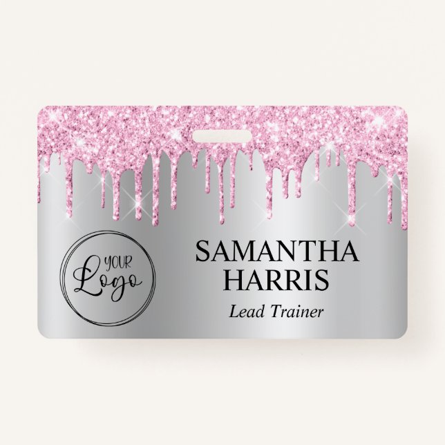 Badge Pale Pink Glitter Drips Silver Shimmer (Devant)