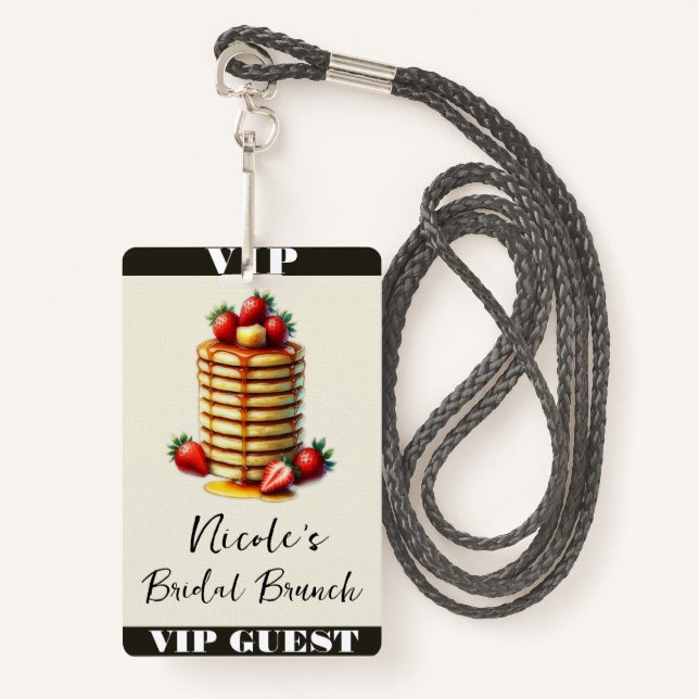 Badge Pancakes fraise Pile Brique Brunch VIP Pass (Devant avec lanière)