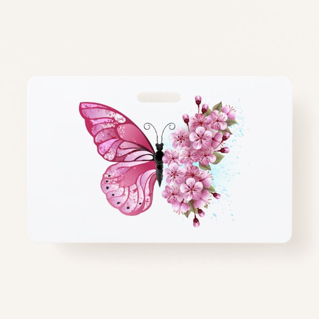 Badge Papillon à fleurs avec Sakura rose (Devant)