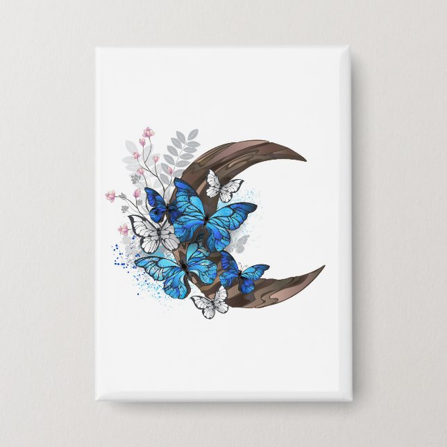Badge Papillons bleus sur croissant en bois (Recto)