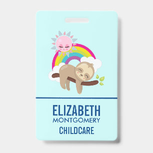 Badge Paresseux mignon avec soleil et arc-en-ciel