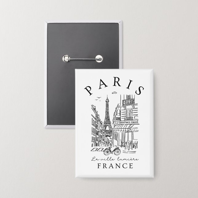 Badge Paris France –  Sketch with Eiffel Tower & Café (Recto/Verso)