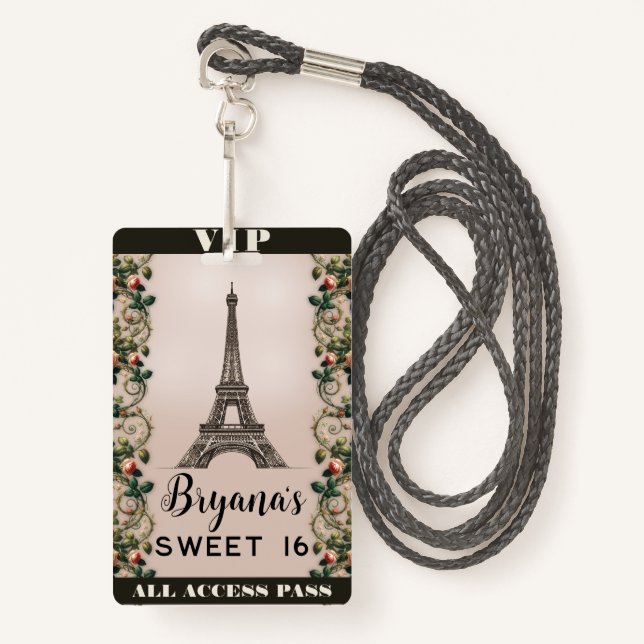 Badge Paris Rose Rose Vines Tour Eiffel VIP Pass (Devant avec lanière)