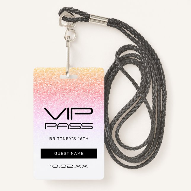 Badge Parties scintillant arc-en-ciel Glam VIP Pass 16e  (Devant avec lanière)