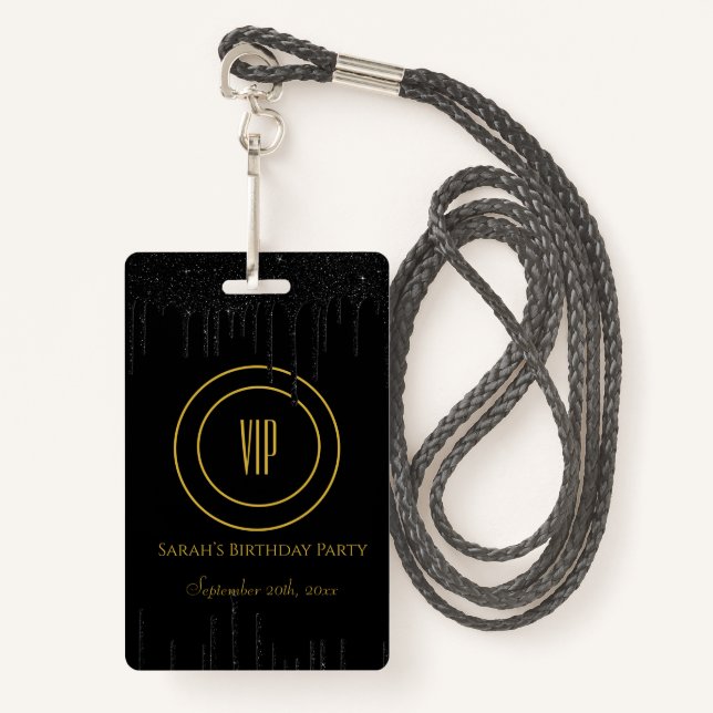 Badge Parties scintillant Black & Gold Drives Anniversai (Devant avec lanière)