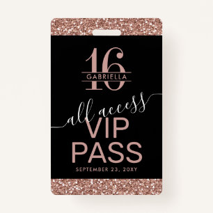 Badge Parties scintillant d'or rose Black Sweet 16 Invit