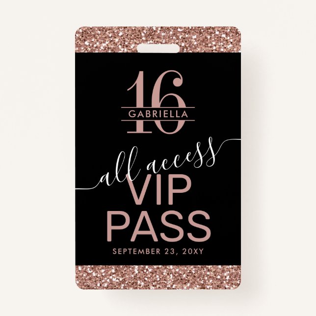 Badge Parties scintillant d'or rose Black Sweet 16 Invit (Devant)