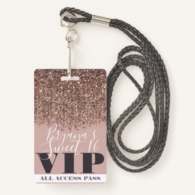 Badge Parties scintillant en bronze rose glam Sweet 16 V (Devant avec lanière)
