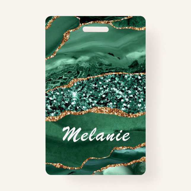 Badge Parties scintillant en or vert Marbre Nom personna (Dos)