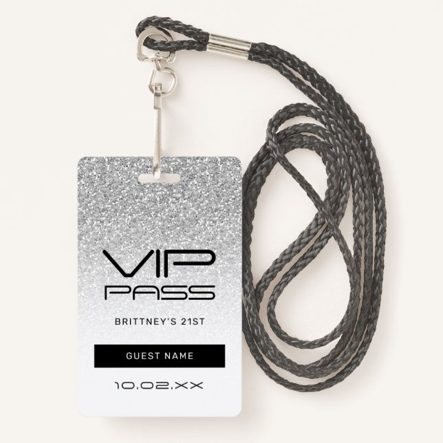 Badge Parties scintillant Silver Ombre Glam VIP Pass 21e (Devant avec lanière)