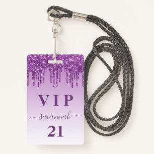 Badge Parties scintillant violet d'anniversaire gouttes
