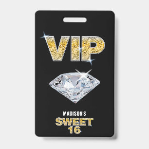 Badge Pass VIP Diamant Noir Or pour Sweet 16