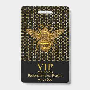Badge Pass VIP Elégant Reine Abeille Pailletée Noir Or