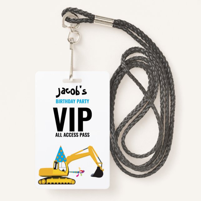 Badge Passe de fête d'anniversaire de l'excavatrice pers (Devant avec lanière)