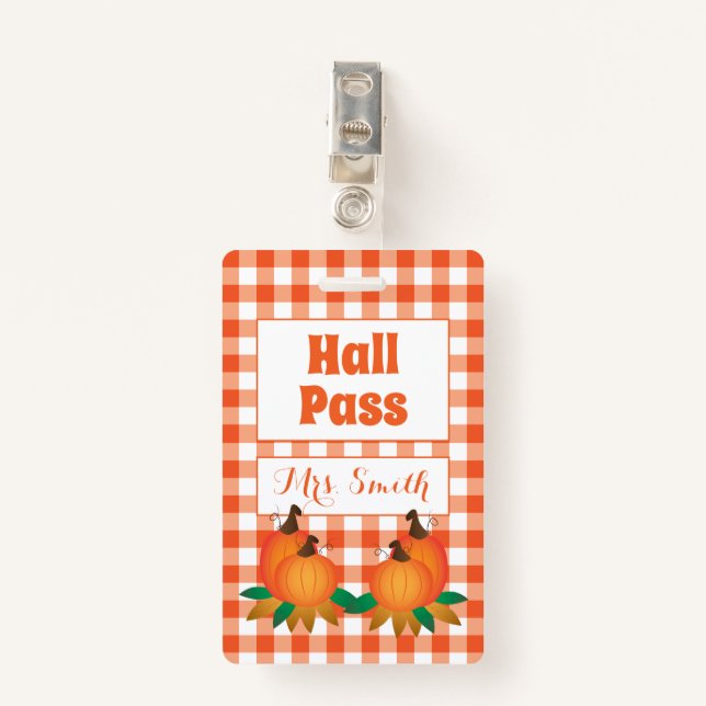 Badge Passe Hall d'automne orange avec nom (Devant avec clip)