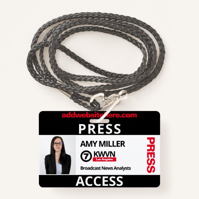 Badge Passe Presse Noire et Rouge Nom personnalisé Emplo (Devant avec lanière)
