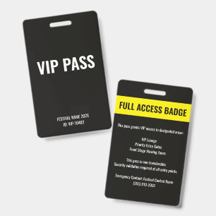 Badge Passe VIP Accès Complet Festival de Musique Noir