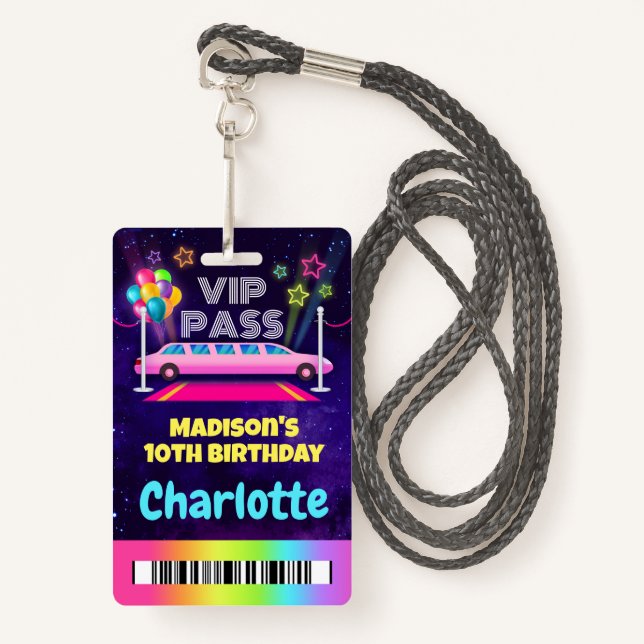Badge Passe VIP Limo rose Anniversaire Lanyard (Devant avec lanière)