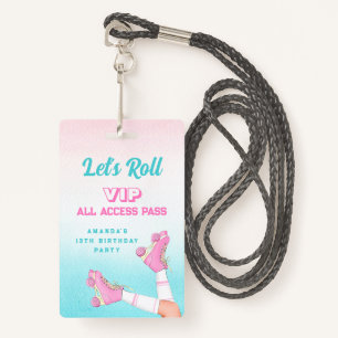 Badge Patinage à rouleaux rose et bleu VIP d'anniversair